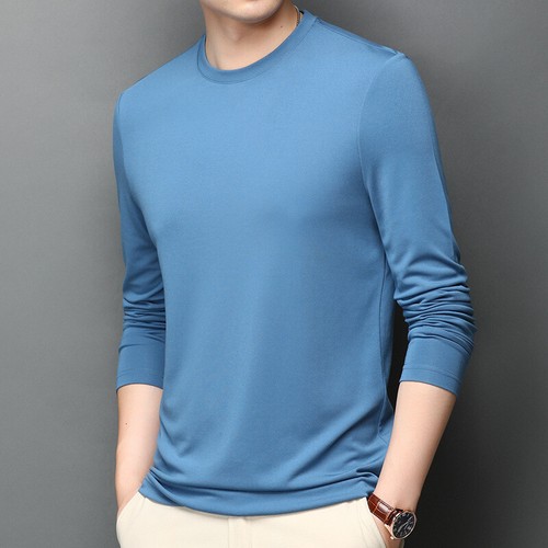 Spring Mens Casual Round Neck Solid Color Silk Long Sleeved T-Shirt Top - Picture 19 of 31