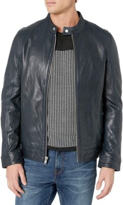 Tasso Elba Mens Leather Cafe Racer Jacket - XL - Black - NEW w/Tags