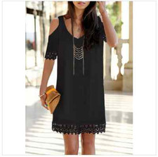 Women Bohemian V Neck Short Sleeve Lace Decoration Black A Line Mini Dress S