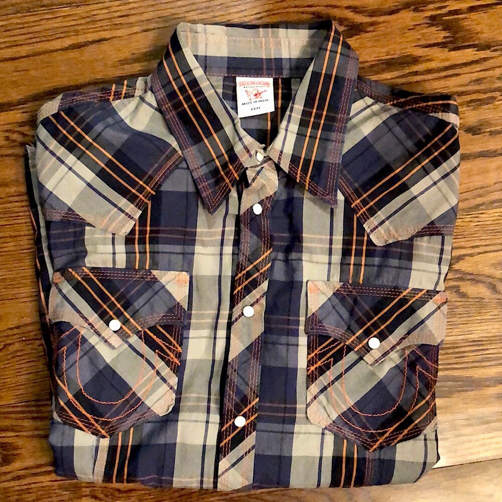 TRUE RELIGION Long Sleeve Navy Tan Orange Plaid Western  display picture 1