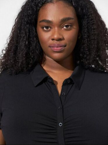 Torrid Black Shirred Front Button Down Studio Knit Shirt Top Plus Size 4X, 26 - Picture 2 of 7