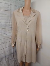 Vtg Helene Blake 2pc Beige sheer Crepe dress Suit Long Jacket Petite Sz 16P