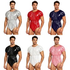 Men Short Sleeve Incontinence Plastic Bodysuit Coveralls Sauna Romper Underwear