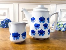 Vintage Stavangerflint Teapot & Milk Jug: Viola Blue Floral Scandinavian