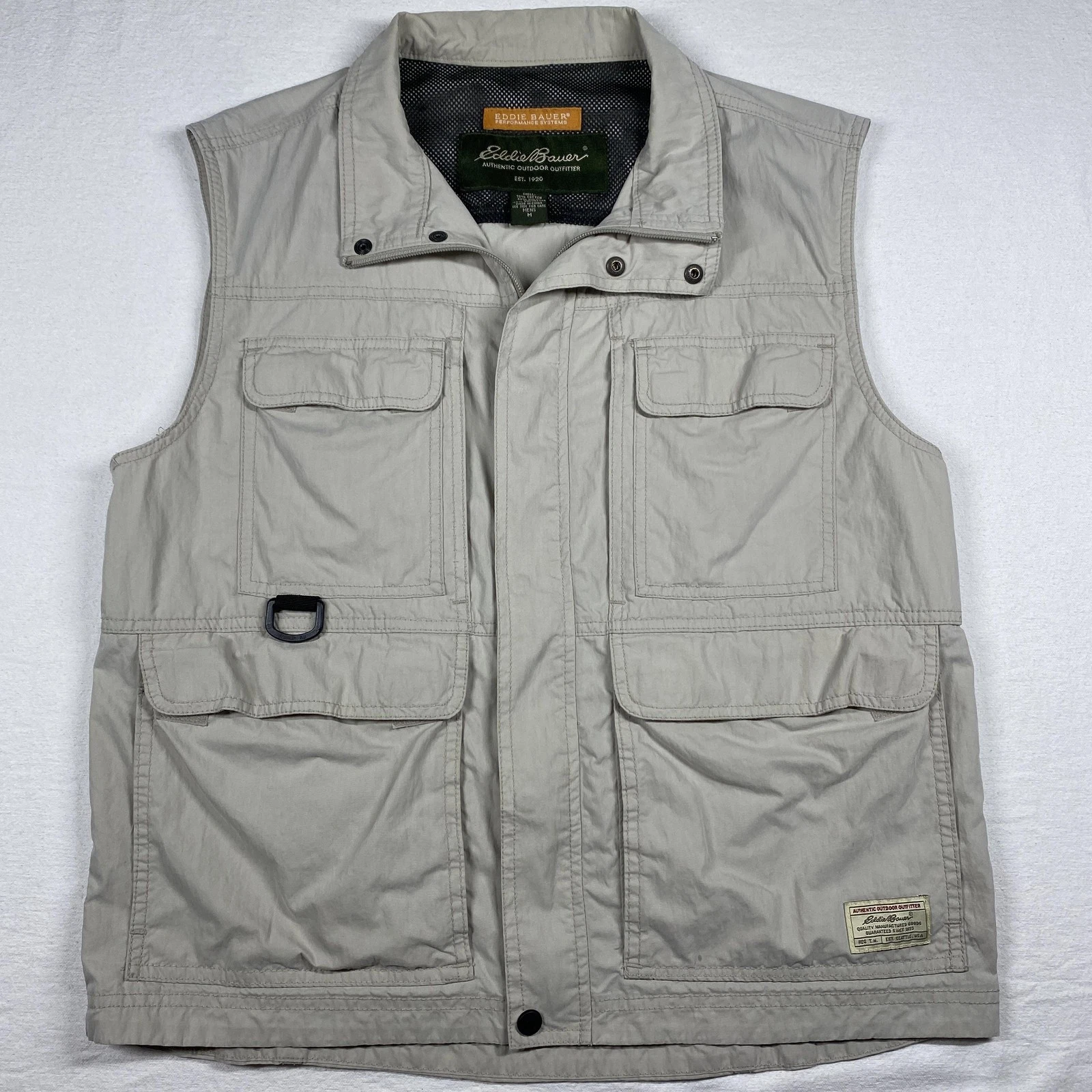 Eddie Bauer Performance Vest Mens Medium Beige Utility Travel Fish Hunt Outdoor