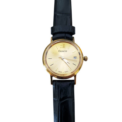 Geneve Round Case Black Leather Strap 14K NIB