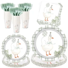 120 Pcs One Silly Goose Birthday Party Tableware Set Green Baby Shower Plates...