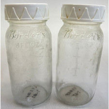 Rare Vintage Borden's 4fl.oz Glass Baby Bottles Set of 2 with Lids 4.25" Tall