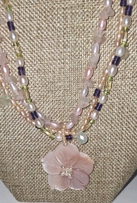Hawaiian Pearl Rose Quartz Amethyst Necklace Shell Flower Pendant 