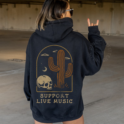 Support Live Music Skull & Cactus Hoodie | Retro Rock Graphic Sweatshirt
