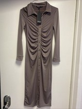 Women’s NWT Nasty Gal Slinky Rutched Shirt Dress Taupe Size 6 Button Down Maxi