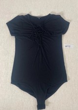 Ambiance Bodysuit Womens Medium Black Ribbed Stretch Lace Up V-Neck Snap Button