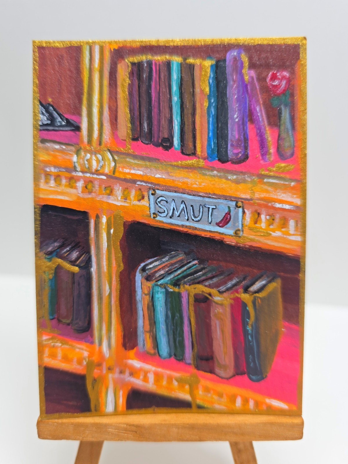 Original ACEO Bookshelf Painting OOAK Fantasy Library Book Art Card