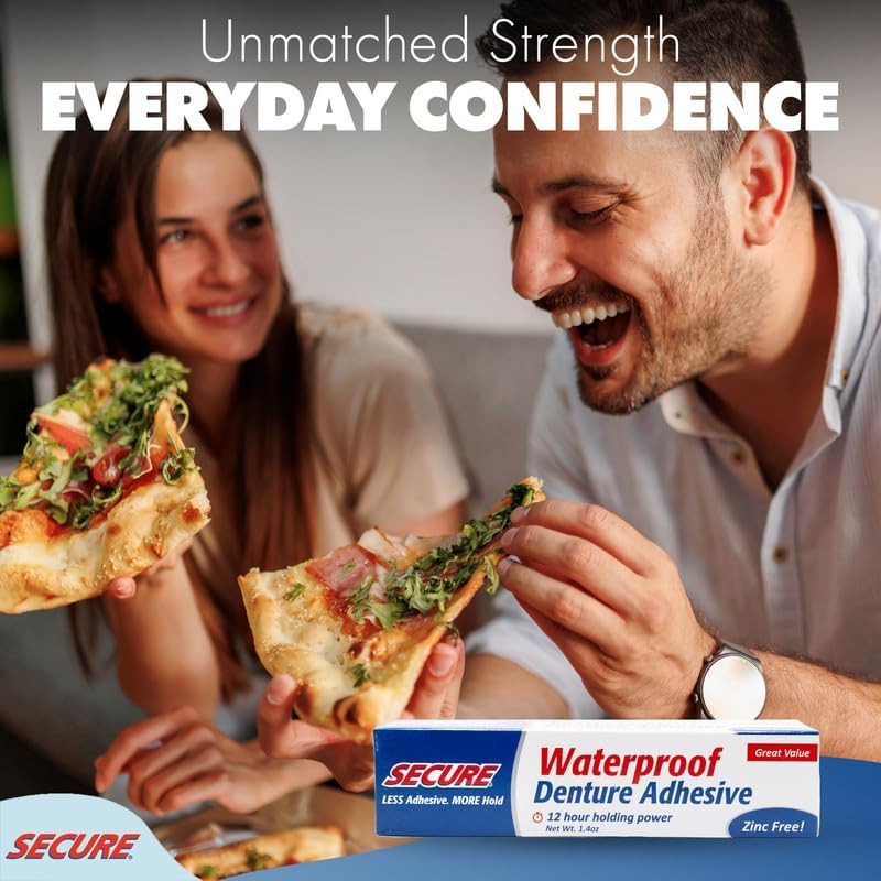 Secure Waterproof Denture Adhesive - Zinc Free - Extra Strong 12 Hour Hold - 1.4