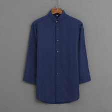 Men  s Casual Mandarin Collar Shirt 3/4 Sleeve Button Up Solid Color