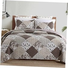 3-Piece Queen Quilt Set, Lightweight Soft Warm Full Queen 90x90 Brown Plaid