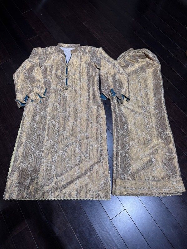 New 2pc Shalwar Kameez Pakistani Gold Atlas Outfit With Fusing Size: M￼ ￼