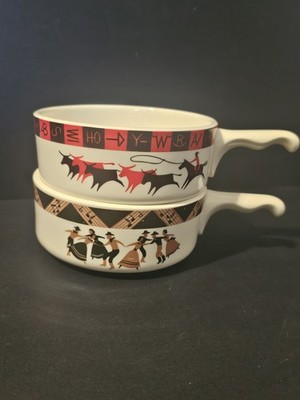 Set 2 Lee Bates Albuquerque Soup Bowls Handled Western Design MCM Pottery