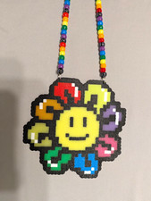    New Rainbow Sunshine Smiley Face Kandi Perler Stretch Necklace Plur Rave EDC