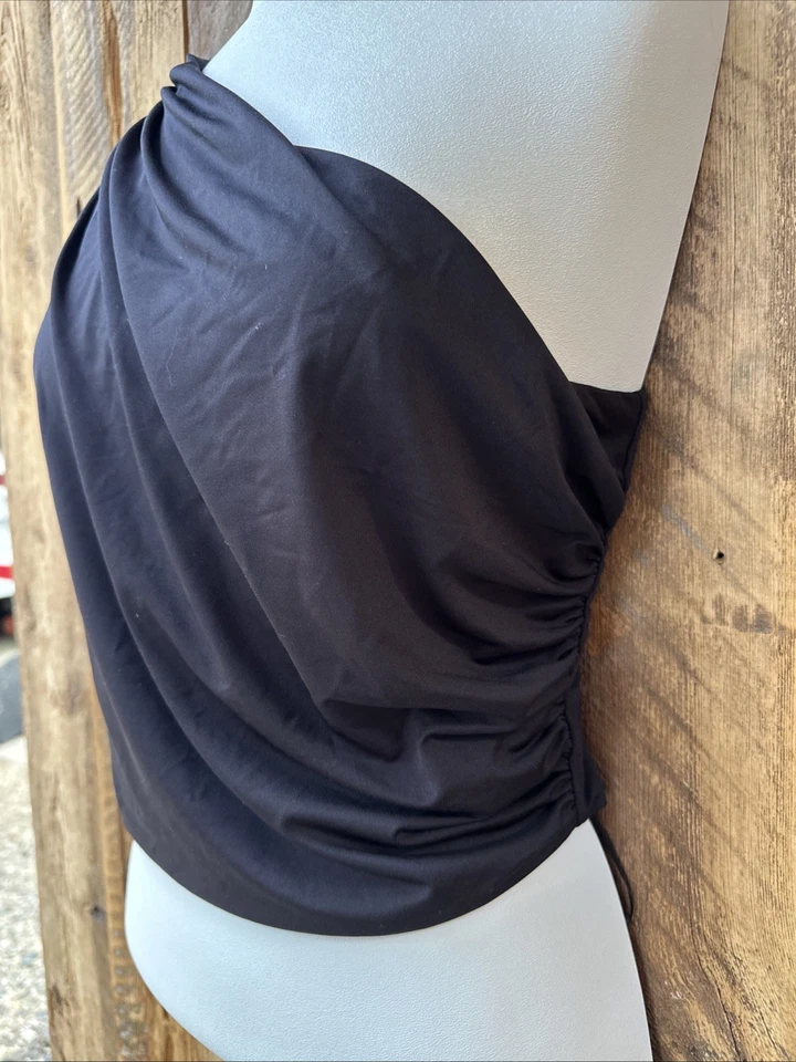 Top drapeado de un hombro para mujer L negro asimétrico Y2K Grecian Goddess Club Foto 2 de 4