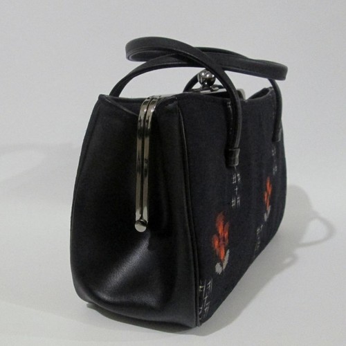 Shantung Silk Women Purse Rockabilly Style Vintage 60s Flower Pattern Top Handle - Picture 4 of 8