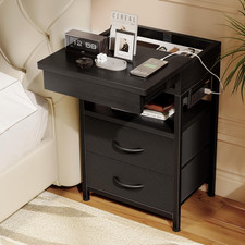 Modern Nightstand with Hidden Drawer & Charging Station - Black