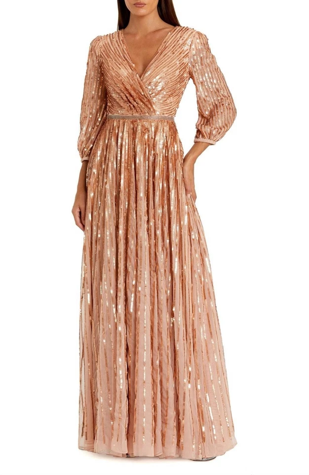 Mac Duggal Sequined V Neck Metallic Apricot 3/4 Rose Gold Gown Sz 10 A5509 Foto 4 de 4