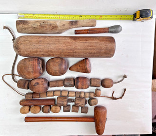 Vintage lead working tools Lignum vitae boxwood turnpin bobbins mallet etc
