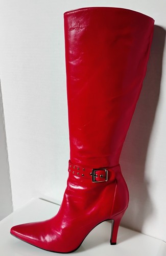Coup D'etat Red Leather Pointed Toe High Heel Knee Boots 7 1/2 B Made in Spain - Picture 2 of 16