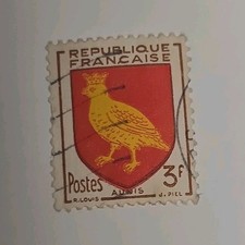 France timbre oblitéré République Française Armoiries Aunis 3F rouge jaune
