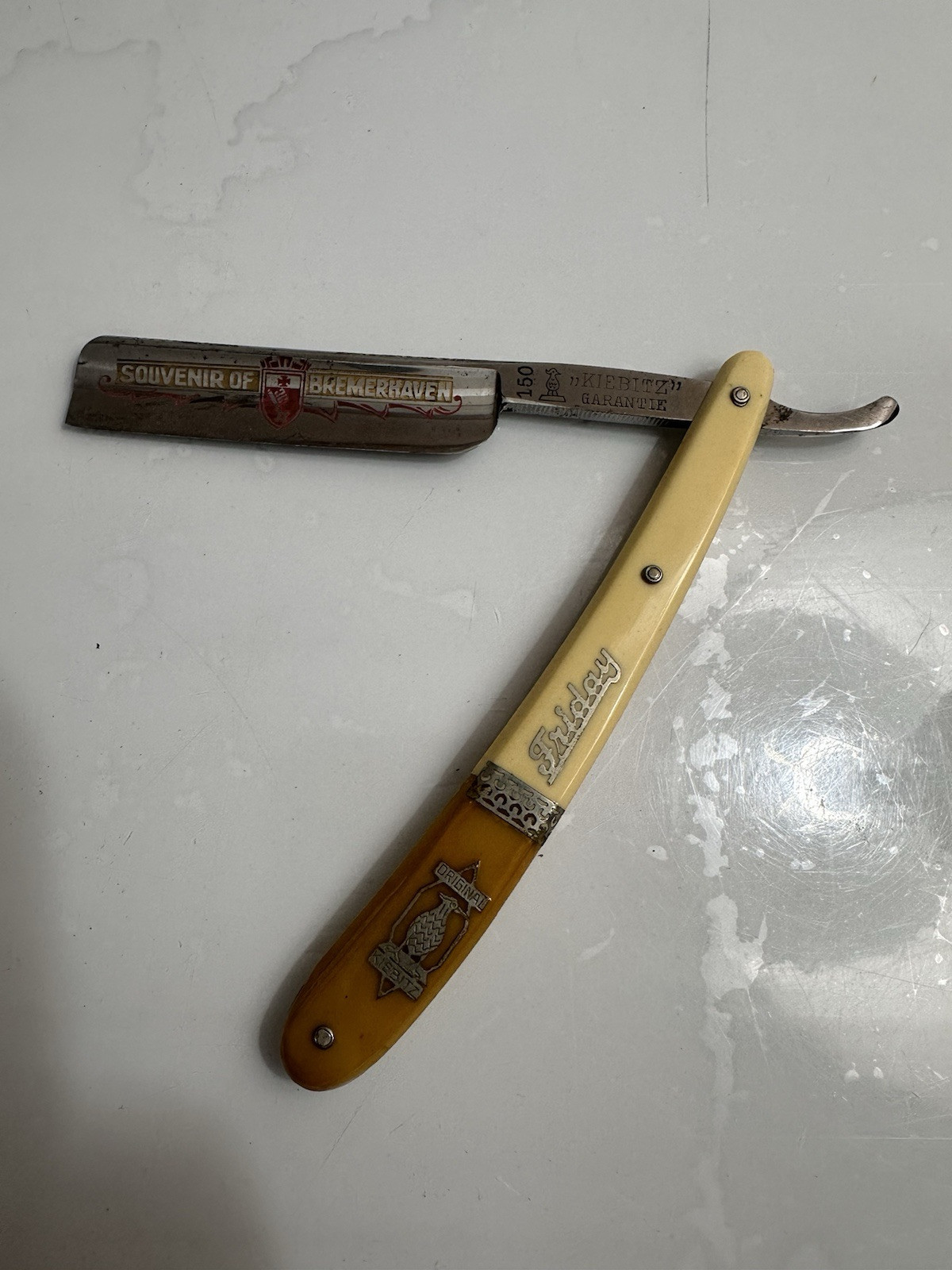 Solingen Kiebitz 150 Friday  Straight Razor Inlaid Yellow & White Handle Germany