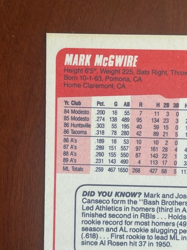 CARTE D'ERREUR BASEBALL FLEER Mark McGwire 1990 et ERREURS D'IMPRESSION - Photo 5 sur 9