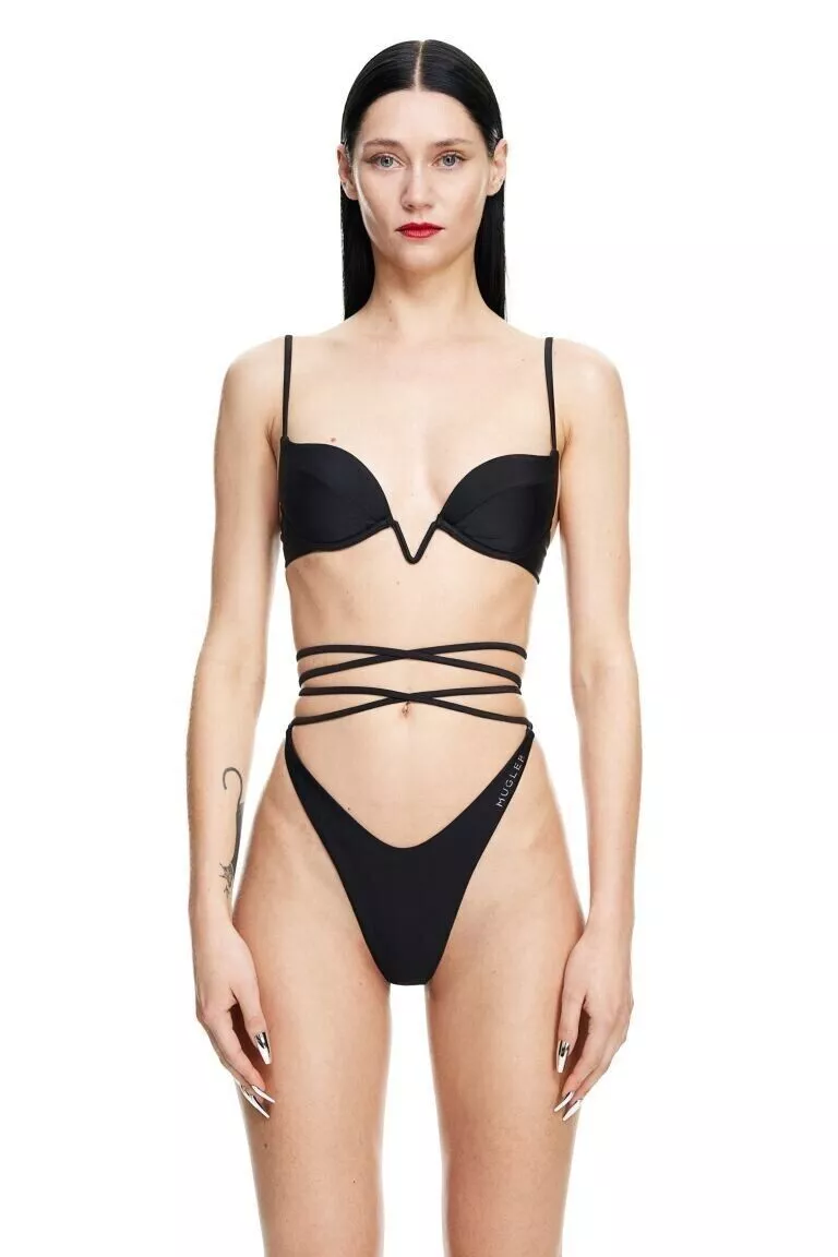 Mugler x H&M Tie bikini bottoms + Padded Bikini Top set Black Size 10 - NWT