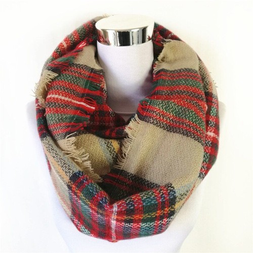 Women Infinity Scarf Plaid Blanket Scarves Acrylic Loop Tartan Neck Warmer 1Pc - Picture 2 of 26