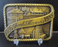 Ford Kansas KS 100 Year Centennial 1885 - 1985 Brass Belt Buckle Town Cows Barns