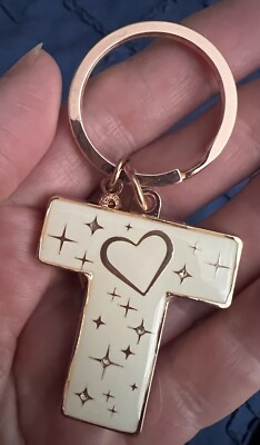 Reno Letter T Rose Gold Colored Back & Ring Hearts & Twinkle Keychain Fob New
