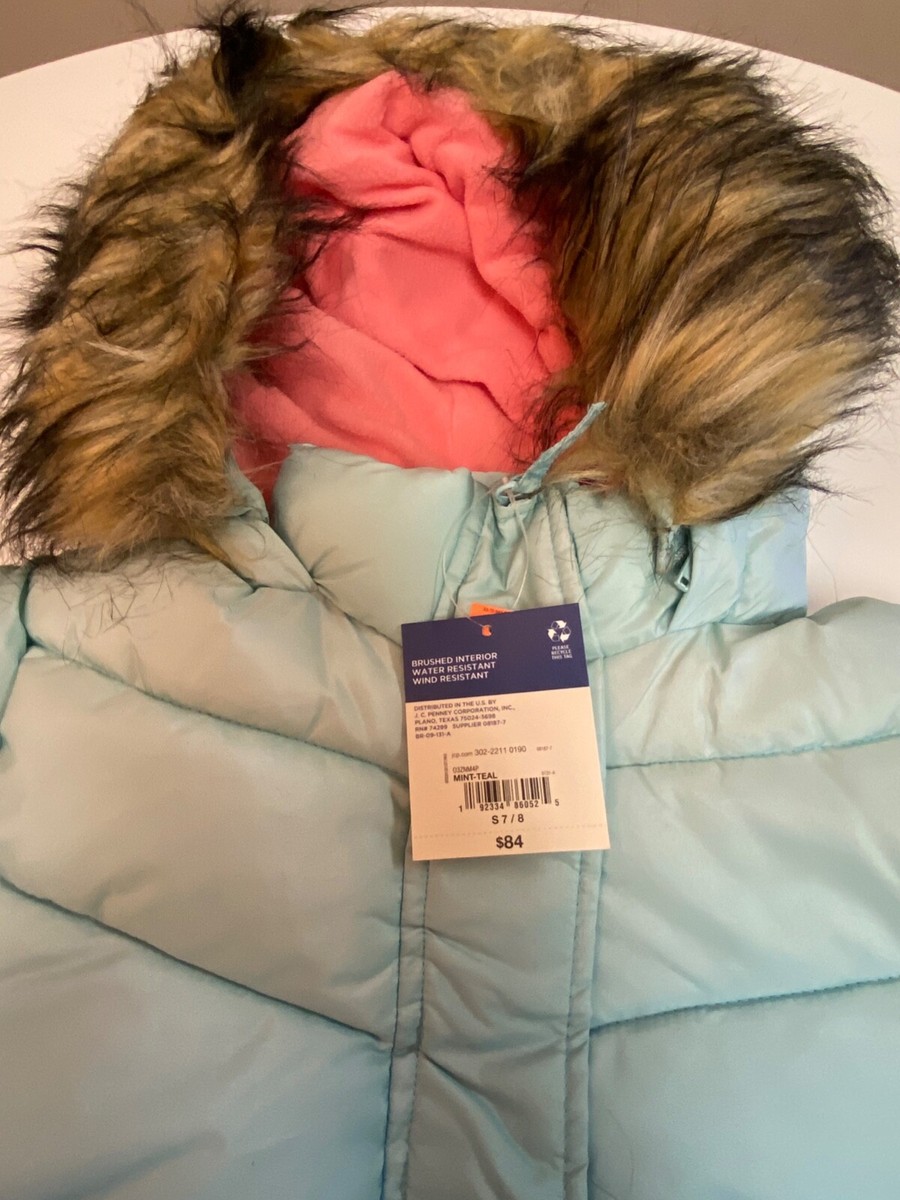 ARIZONA Girls Mint/Teal with Fur Around Hood Puffer Jacket | eBay