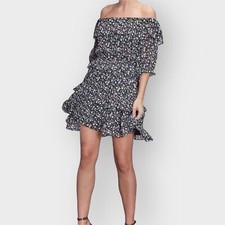 Muche Et Muchette Floral Blue Smocked Neck O/S Boho Flowy Off Shoulder Dress