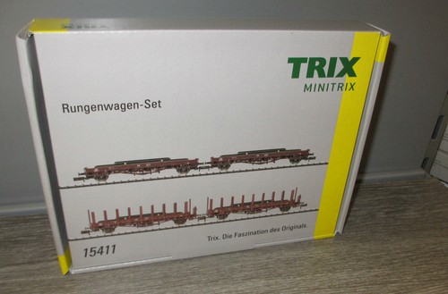 Minitrix 15411, SET, DB Rungenwagen/Flachwagen mit Ladung Stahlplatten,  N1420 | Condition: Gebraucht