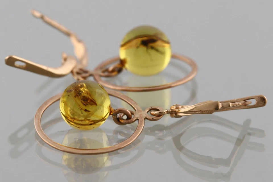 Pendientes Cuentas Redondas ÁMBAR BÁLTICO ORO 14K Fósil INSECTOS 2.5Gg 240118-3 Genuino Foto 3 de 4