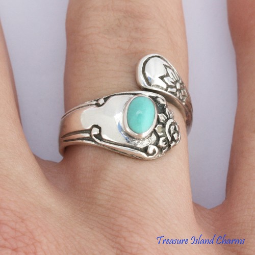 Spoon Floral 925 Solid Sterling Silver Ring Synthetic Turquoise Size 6,7,8,9,10 - Picture 4 of 4