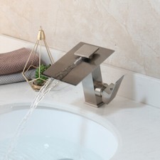 Bathroom Brushed Nickel Faucet Waterfall Spout Deck Mounted Mixer Brass Taps