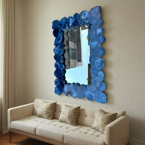 20"x24" Live Edge Blue Agate Wall Hanging Mirror Unique Natural Stone Home Decor - Picture 2 of 9