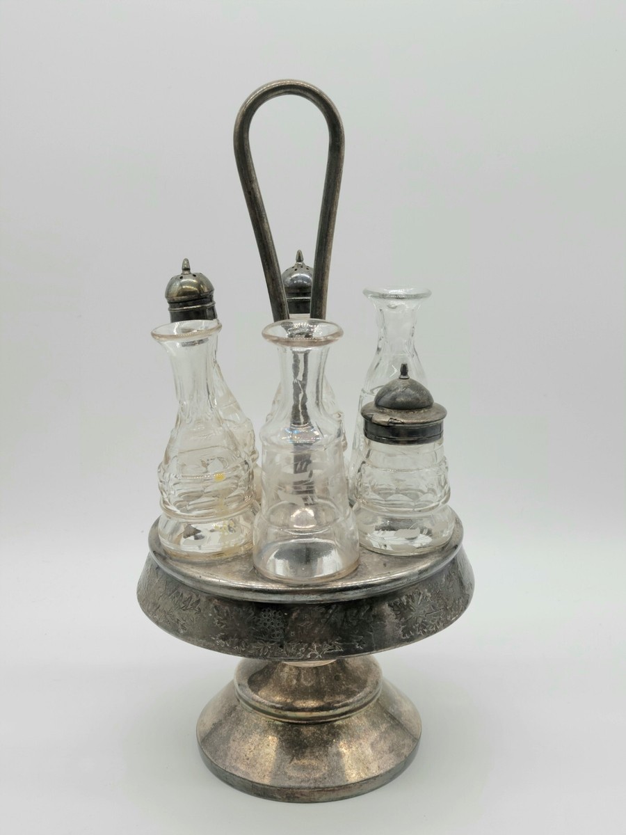 Antique Silverplate 6 Bottle Cruet Set Condiment Caddy | eBay