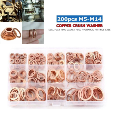 #ad 200PCS Solid Copper Crush Washer Gasket Set Flat O Ring Seal Assortment Kits US $10.79