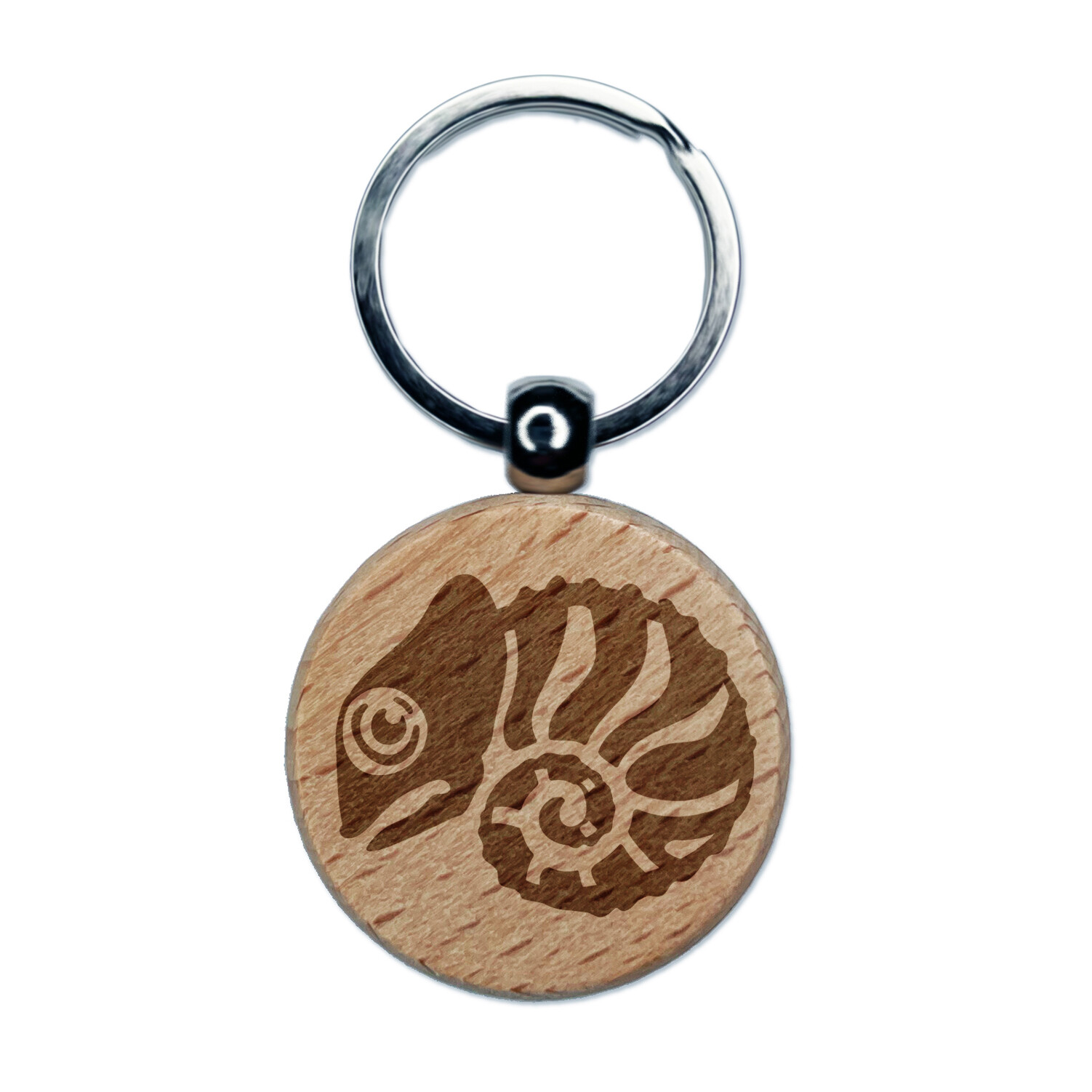 Cautiously Curled Chameleon Lizard Engraved Wooden Keychain Charm Tag  