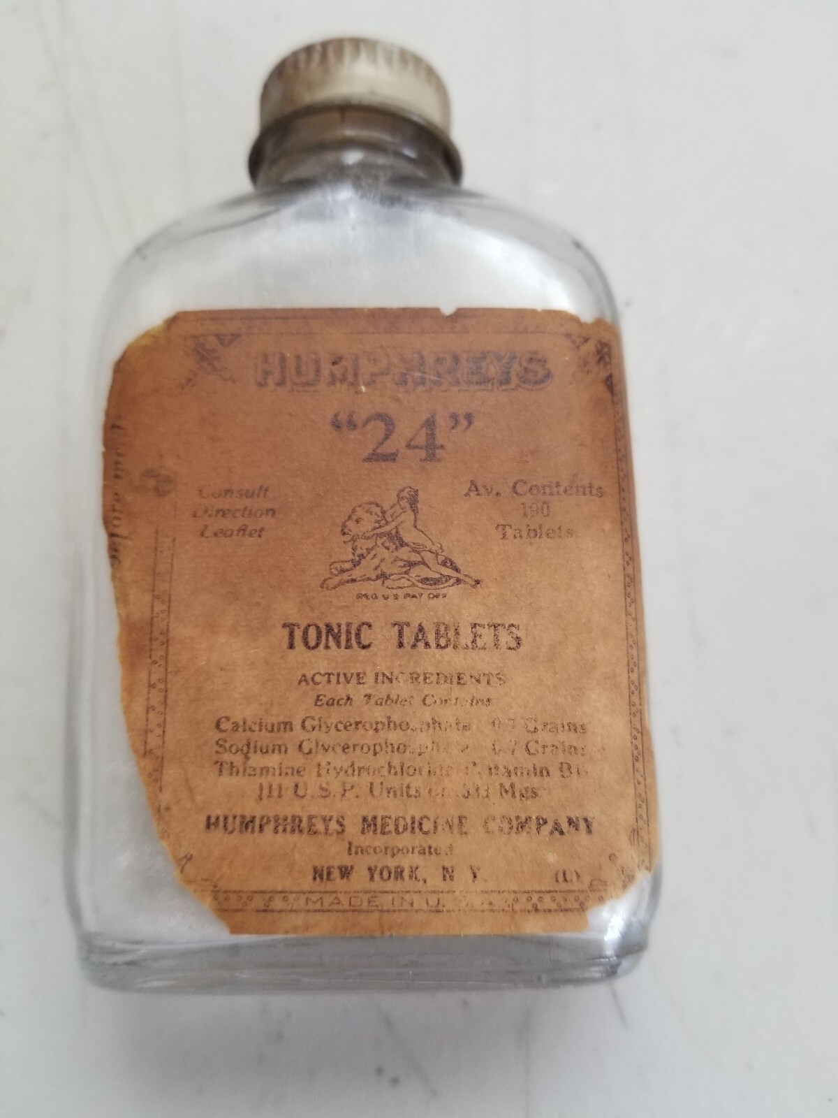 Antique 1890's Humphreys Medicine Co. Bottle W/Label Embossed Tonic