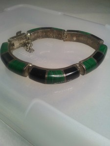 TS-101-TAXCO-MEXICO-Malachite-Onyx-Inlay-950-STERLING-SILVER-Bracelet-Sz-8-034-73g