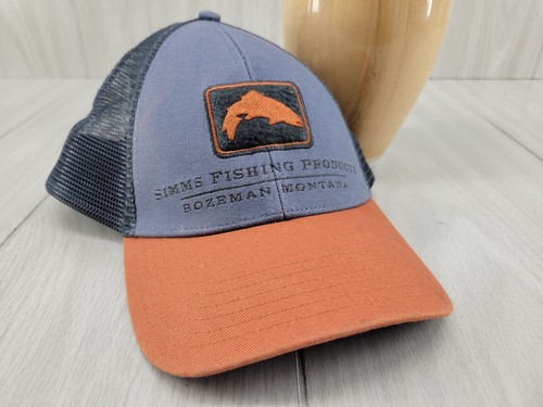 Simms Fishing Products Snapback Hat Mesh Back Cap Bozeman Montana Orange Gray