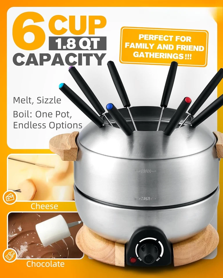 Stainless Steel Fondue Pot, 6-Cup Electric Fondue Set, 8 Color-Coded Forks - Image 3 of 4